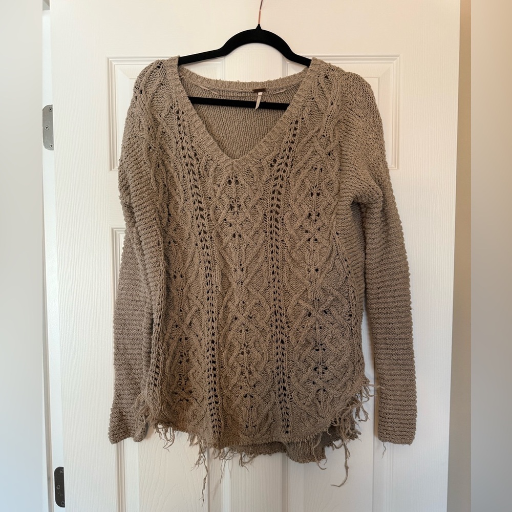 Free People Boho V-Neck Oversized Sweater Cable Knit